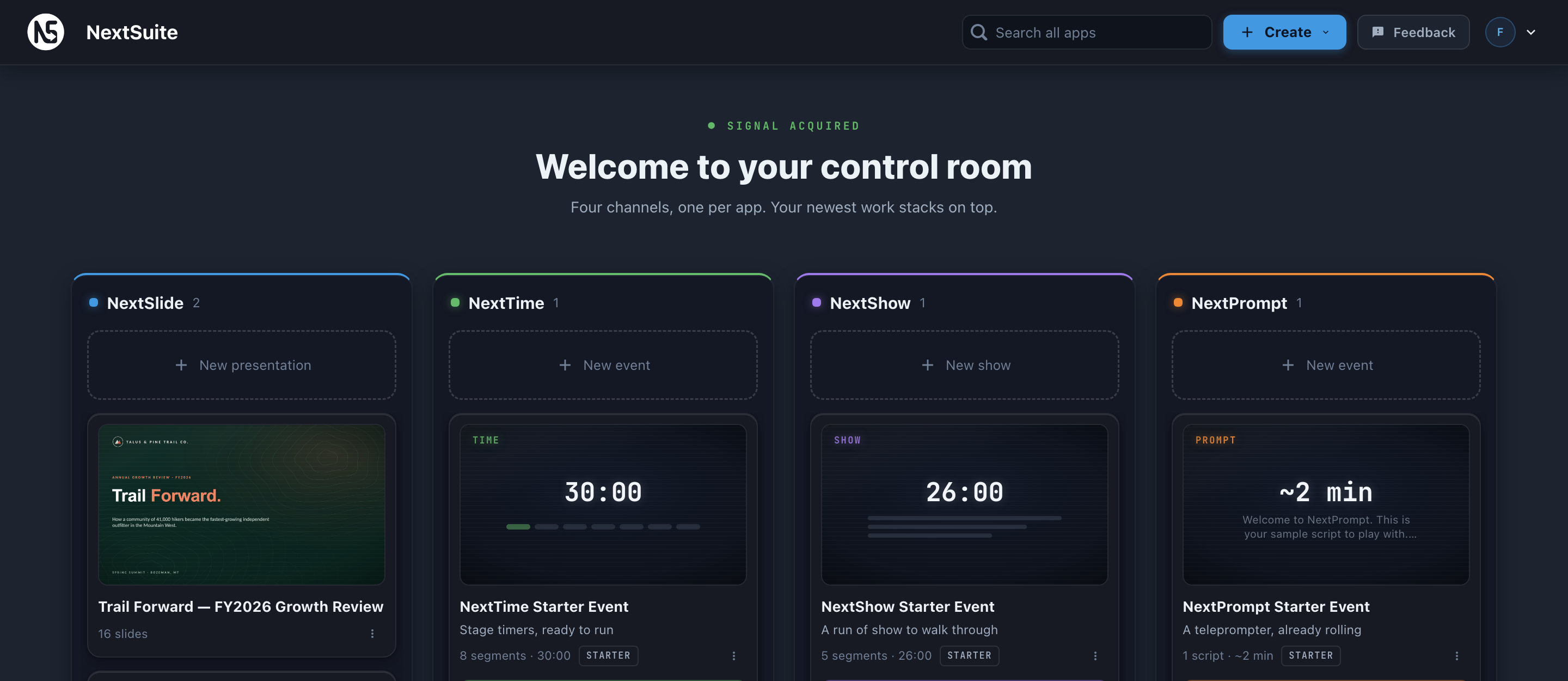 The NextSlide dashboard - the processed zip listed as a presentation row, ready to open and present